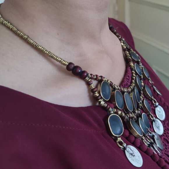 Vintage Dangle Coins and Stones Necklace, Ethnic Necklace, Tribal Bib Necklace - Picture 10 of 10